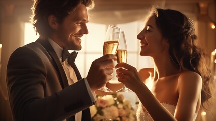 The bride and groom sip champagne, celebrating their wedding in an atmosphere filled with love, creating a joyous and romantic ambiance for their special day.