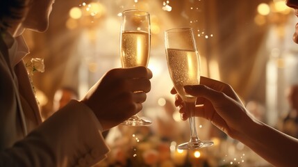 The man and woman joyfully toast with champagne, celebrating an exceptionally special evening, creating a memorable atmosphere filled with love and happiness. - obrazy, fototapety, plakaty