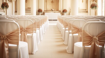 Charming wedding venue adorned with floral decorations, inviting guests to witness the romantic ceremony. Empty chairs await, creating an enchanting and romantic atmosphere.

