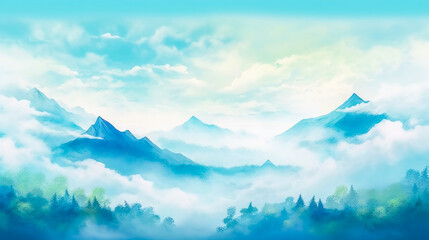 幻想的な雲海と山の和風イラスト風景