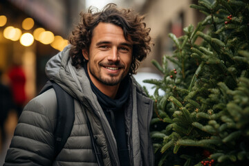 A young man choosing a christmas tree from a market - obrazy, fototapety, plakaty