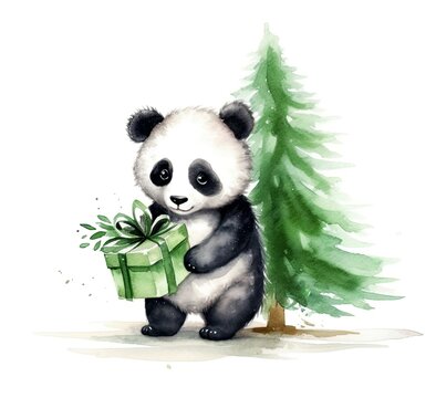 Cute panda with gifts near a green Christmas tree. Free white space for copying text. The concept of Christmas