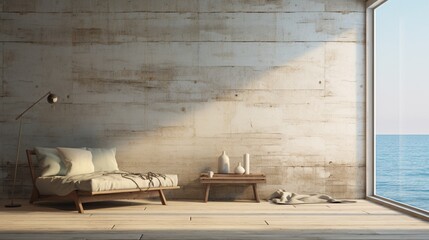 A minimalist, old-style room with a distressed wooden wall, its colors echoing the sea and the sun.