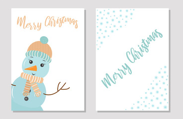 Cute funny snowman Holiday greeting Card template. Snowman in a knitted hat and scarf. Branch arms. Vector illustration.