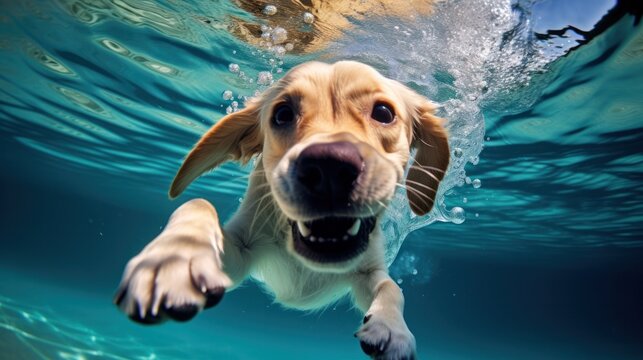 Funny underwater picture of puppies in swimming pool playing deep dive action training game with family pets and popular dog breeds during summer holidays. recreation, relax, generate by AI