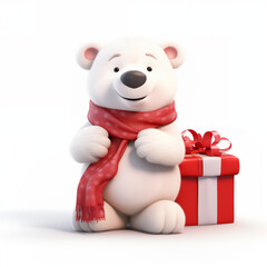 White cute polar bear cub in warm knitted scarf with red present box isolated on white background. Merry Christmas and happy New Year. Character 3d illustration for card, banner, poster, flyer design