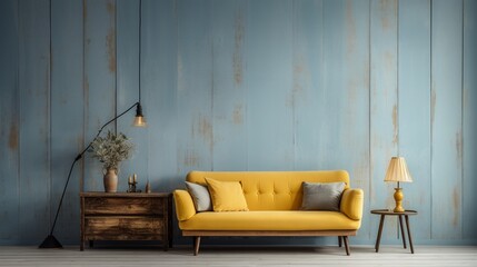 A rustic, minimalistic interior adorned with a wooden wall painted in faded blue and mustard yellow, reminiscent of bygone days.