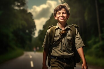 International Boy Scout Day Concept. Portrait of a smiling boy scout with a backpack walking along a road in the woods - obrazy, fototapety, plakaty