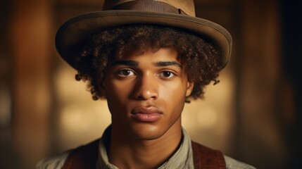 Obraz premium Photorealistic Teen Black Man with Brown Curly Hair Vintage Illustration. Portrait of a person wearing hat, retro 20s movie style. Retro fashion. Ai Generated Horizontal Illustration.