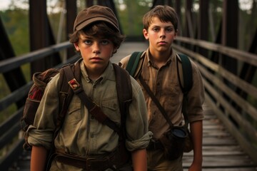Fototapeta premium International Boy Scout Day Concept. Two boys with backpacks on a wooden bridge in the forest