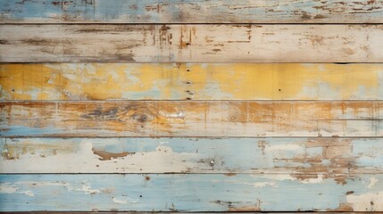 A time-worn backdrop of a wooden wall, gently aged with a palette of soft blue and antique yellow. - obrazy, fototapety, plakaty