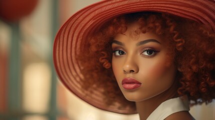 Photorealistic Teen Black Woman with Red Curly Hair Vintage Illustration. Portrait of a person wearing hat, retro 20s movie style. Retro fashion. Ai Generated Horizontal Illustration.