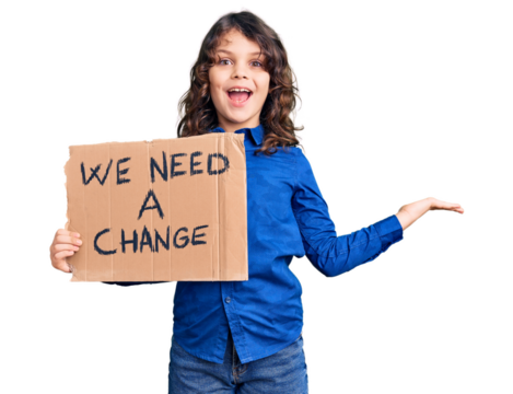 Cute hispanic child with long hair holding we need a change banner celebrating victory with happy smile and winner expression with raised hands