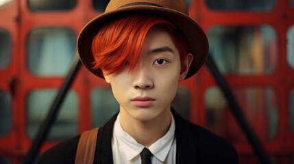 Photorealistic Teen Chinese Man with Red Straight Hair Vintage Illustration. Portrait of a person wearing hat, retro 20s movie style. Retro fashion. Ai Generated Horizontal Illustration.