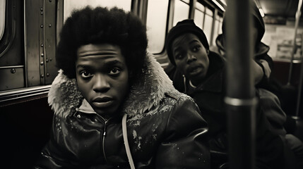 Teens on the bus in the Bronx in the 1970s - obrazy, fototapety, plakaty