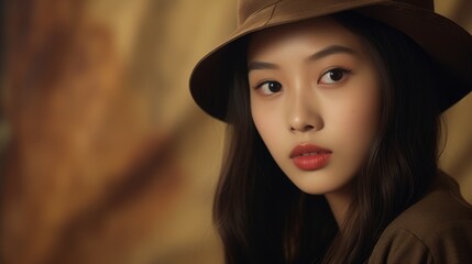 Photorealistic Teen Chinese Woman with Brown Straight Hair Vintage Illustration. Portrait of a person wearing hat, retro 20s movie style. Retro fashion. Ai Generated Horizontal Illustration.