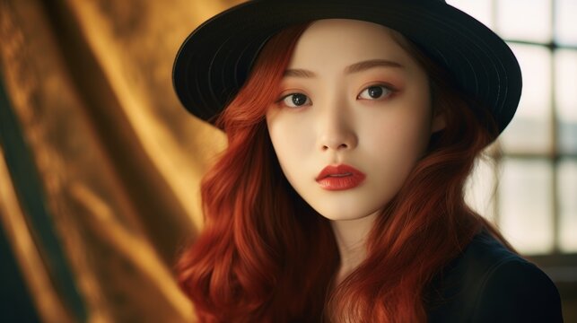 Photorealistic Teen Chinese Woman with Red Straight Hair Vintage Illustration. Portrait of a person wearing hat, retro 20s movie style. Retro fashion. Ai Generated Horizontal Illustration.