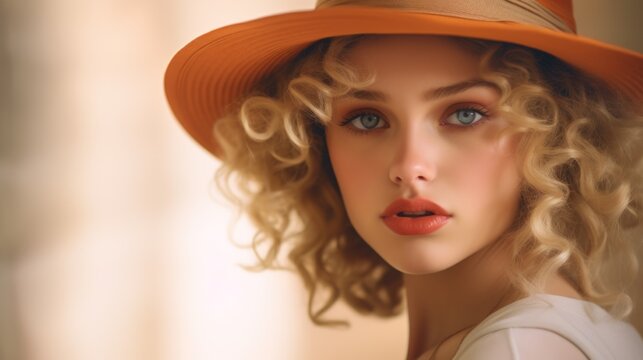 Photorealistic Teen Latino Woman with Blond Curly Hair Vintage Illustration. Portrait of a person wearing hat, retro 20s movie style. Retro fashion. Ai Generated Horizontal Illustration.