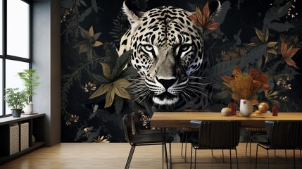 interior of a house with a tiger patterned wall background