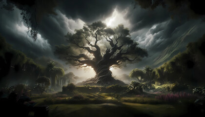 Ominous Vigil: The Tree of Knowledge of Good and Evil in Eden's Twilight - obrazy, fototapety, plakaty
