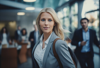 Fototapeta premium Morning rush: Confident businesswoman in hurry with business people blurred in background. Blonde businesswoman wearing suit and bag on shoulder.