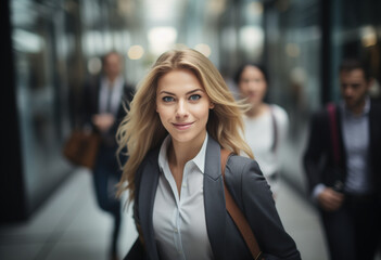 Fototapeta premium Morning rush: Confident businesswoman in hurry with business people blurred in background. Blonde businesswoman wearing suit and bag on shoulder.