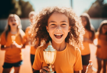 girl with trophy celebrating victory with friends at school sports court. 