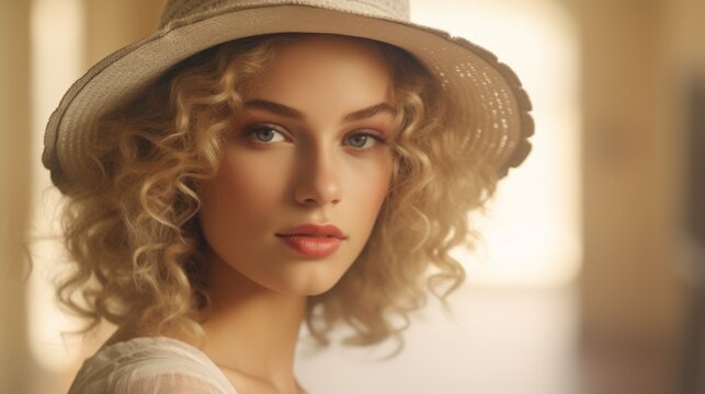 Photorealistic Teen Persian Woman with Blond Curly Hair Vintage Illustration. Portrait of a person wearing hat, retro 20s movie style. Retro fashion. Ai Generated Horizontal Illustration.