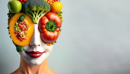 Foto op Canvas Eccentric face portrait of person composed of fruits and vegetables. Unusual human face made with food. Offbeat image with free copy space. Generative AI © juanorihuela