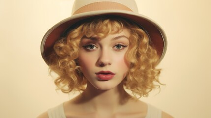 Photorealistic Teen White Woman with Blond Curly Hair Vintage Illustration. Portrait of a person wearing hat, retro 20s movie style. Retro fashion. Ai Generated Horizontal Illustration.