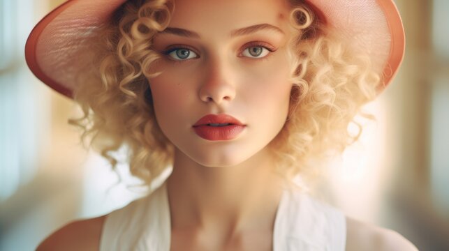 Photorealistic Teen White Woman with Blond Curly Hair Vintage Illustration. Portrait of a person wearing hat, retro 20s movie style. Retro fashion. Ai Generated Horizontal Illustration.
