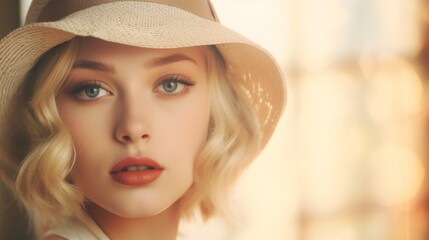 Photorealistic Teen White Woman with Blond Straight Hair Vintage Illustration. Portrait of a person wearing hat, retro 20s movie style. Retro fashion. Ai Generated Horizontal Illustration.