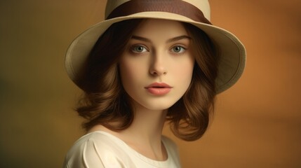 Photorealistic Teen White Woman with Brown Straight Hair Vintage Illustration. Portrait of a person wearing hat, retro 20s movie style. Retro fashion. Ai Generated Horizontal Illustration.