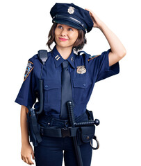Young beautiful girl wearing police uniform confuse and wonder about question. uncertain with doubt, thinking with hand on head. pensive concept.
