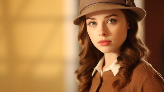 Photorealistic Teen White Woman with Brown Straight Hair Vintage Illustration. Portrait of a person wearing hat, retro 20s movie style. Retro fashion. Ai Generated Horizontal Illustration.