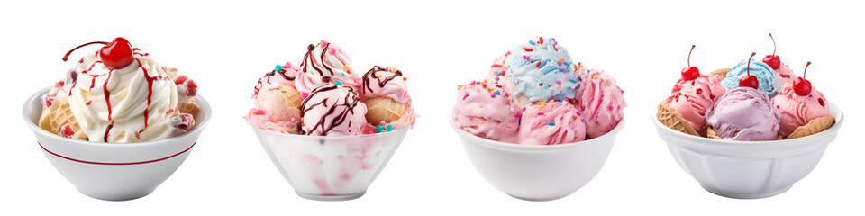 Set of tasty chocolate vanilla and strawberry flavor frozen dessert or ice cream in white bowl isolated on transparent. Generative AI - obrazy, fototapety, plakaty