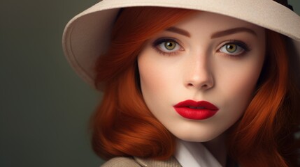 Photorealistic Teen White Woman with Red Straight Hair Vintage Illustration. Portrait of a person wearing hat, retro 20s movie style. Retro fashion. Ai Generated Horizontal Illustration.