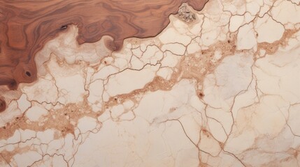 Beige Marble with Wooden Mahogany Horizontal Background. Abstract stone texture with Veins and cracks. Bright natural material aged cracked surface. AI Generated photorealistic Illustration.