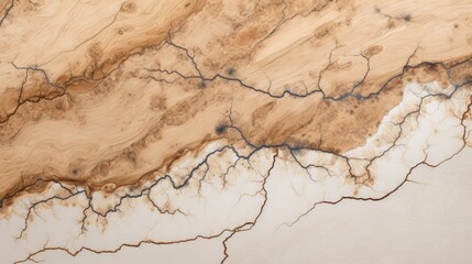 Fototapeta premium Beige Marble with Wooden Walnut Horizontal Background. Abstract stone texture with Veins and cracks. Bright natural material aged cracked surface. AI Generated photorealistic Illustration.