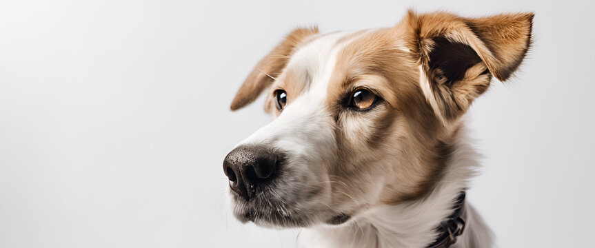 Expressive Canine Portrait: Thoughtful Mixed-Breed Dog on White Background