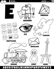 Letter E set with cartoon objects and characters coloring page