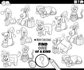 one of a kind game with cats and dogs on Christmas coloring page