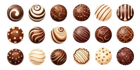Collection of various chocolate balls or candy pralines isolated on transparent background. Generative AI - obrazy, fototapety, plakaty