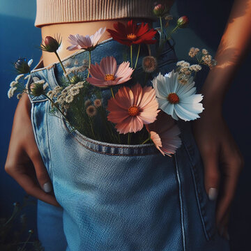 Flowers in the pocket of jeans.