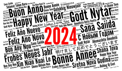 Happy New Year 2024 word cloud in different languages	
