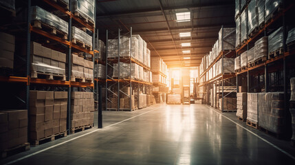 Retail warehouse full of shelves with goods in cartons, with pallets and forklifts. Logistics and transportation blurred background. Product distribution center. Warehouse concept. Delivery concept.