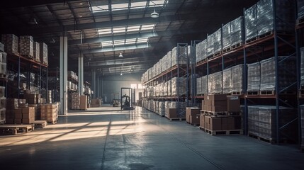 Retail warehouse full of shelves with goods in cartons, with pallets and forklifts. Logistics and transportation blurred background. Product distribution center. Warehouse concept. Delivery concept. - obrazy, fototapety, plakaty