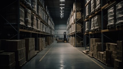 Retail warehouse full of shelves with goods in cartons, with pallets and forklifts. Logistics and transportation blurred background. Product distribution center. Warehouse concept. Delivery concept.