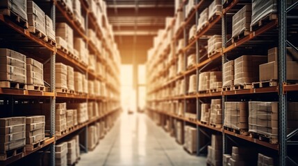 Obraz premium Retail warehouse full of shelves with goods in cartons, with pallets and forklifts. Logistics and transportation blurred background. Product distribution center. Warehouse concept. Delivery concept.