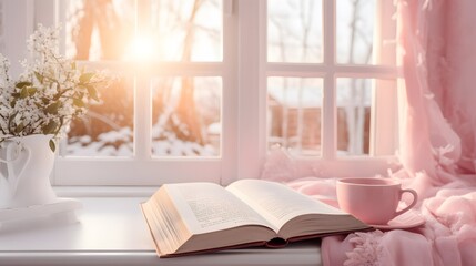Open Bible in cozy pink winter home morning atmosphere - obrazy, fototapety, plakaty
